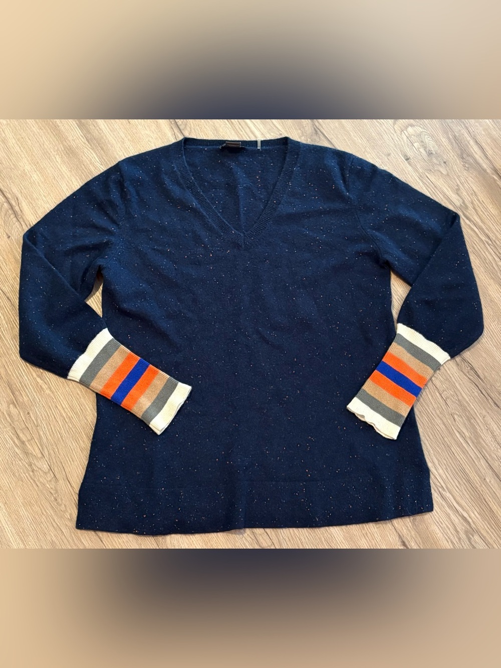Navy V-Neck Sweater with Striped Accent Cuffs 100% Cashmere